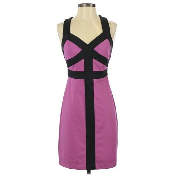BCBG Paris Womens Sz 2 Purple Black Straps Color Block Body Con Dress - Picture 1 of 7